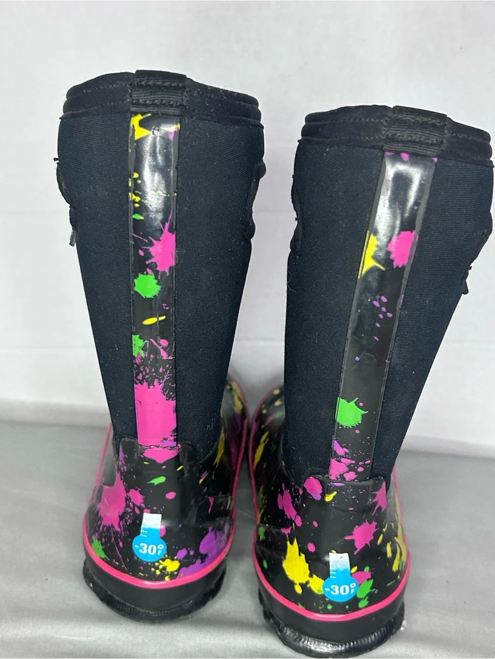 Bogs Youth Kids Black Splash-Print Rain Boots - Pink, Green & Yellow